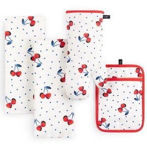 kate spade New York NWT Cherry Dot Kitchen Towel Oven Mitt Pot Holder 4-Pack Set